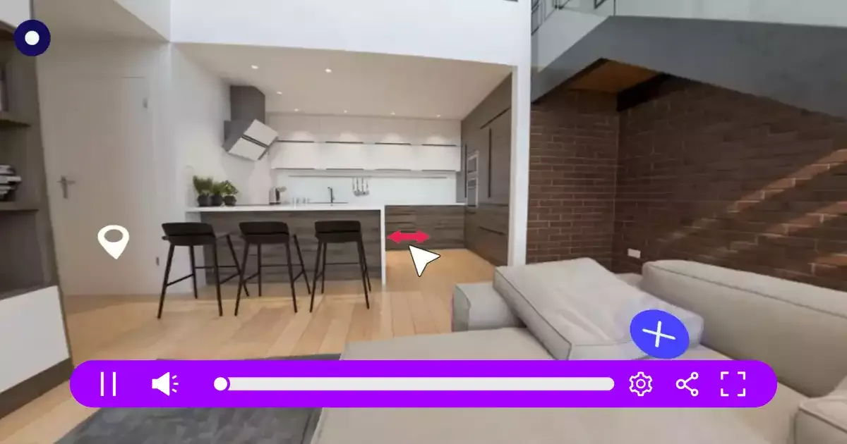 360-degree interactive video tour of a modern kitchen and living area, featuring on-screen navigation arrows, hotspot icons, and Cinema8’s interactive controls — designed for video hosting in real estate marketing.